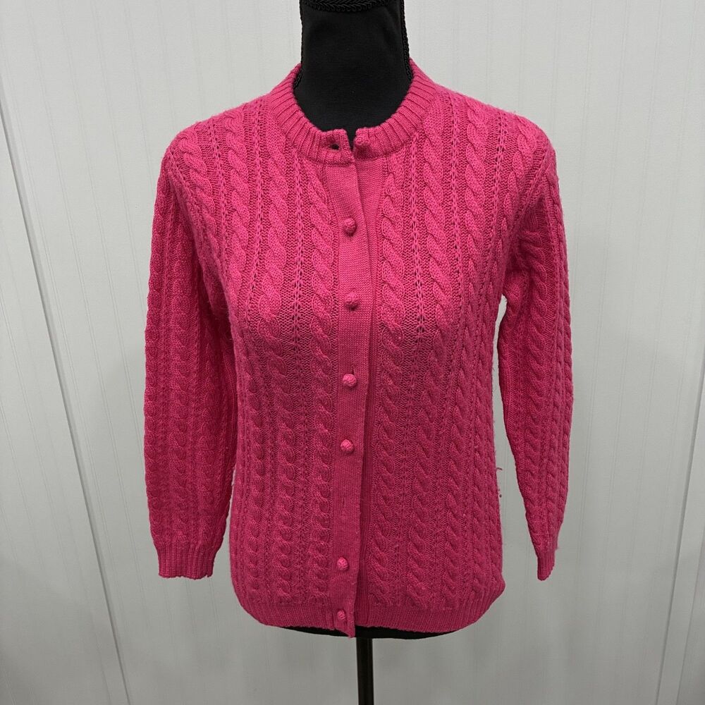 Susan Bristol Vintage 100% Wool Cable Knit Cardigan Sweater Pink Size 36 Small